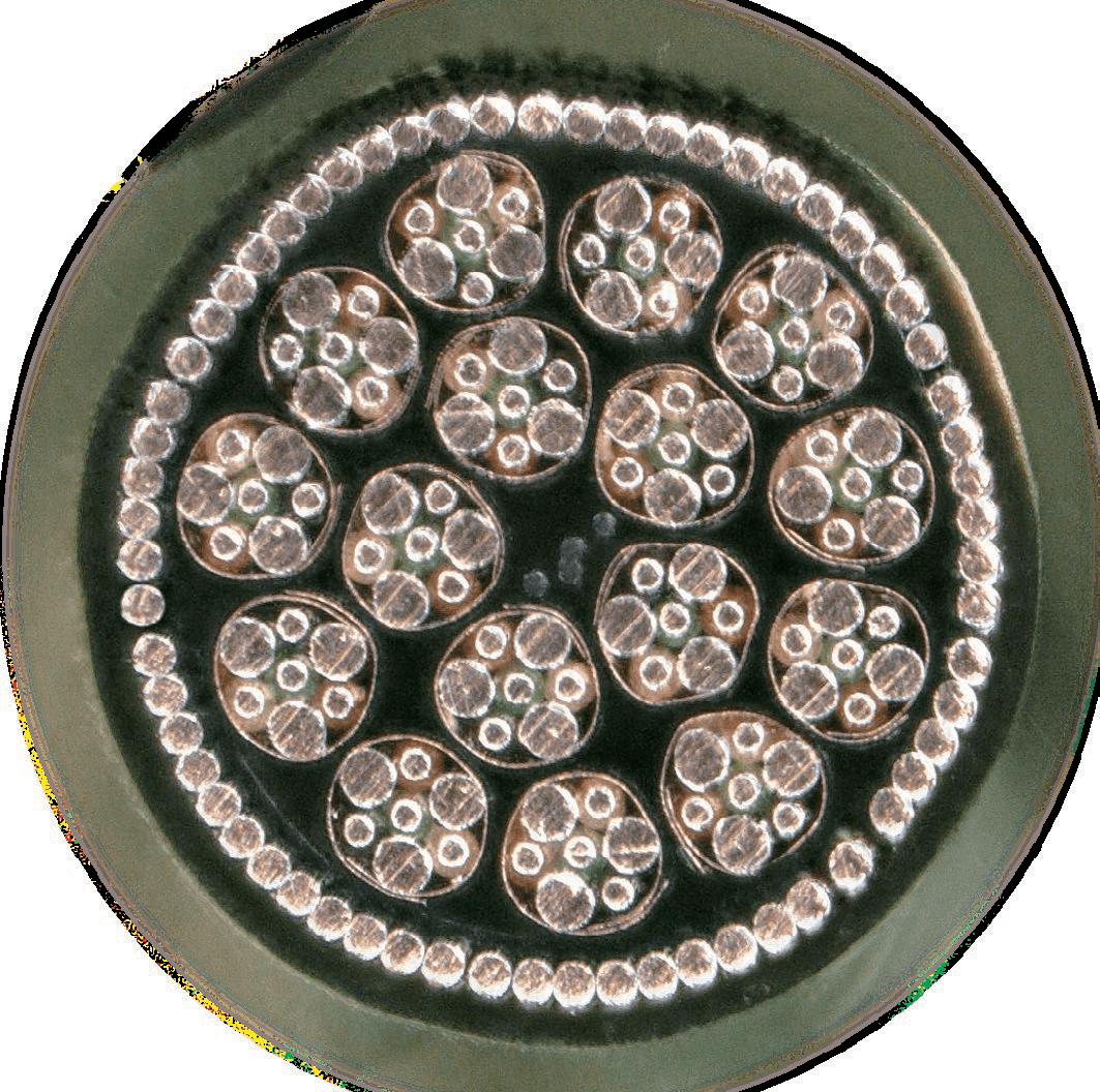 Cross-section of Junkosha MCT multi-channel transmission cable with 64 channels in a 1 mm outer diameter