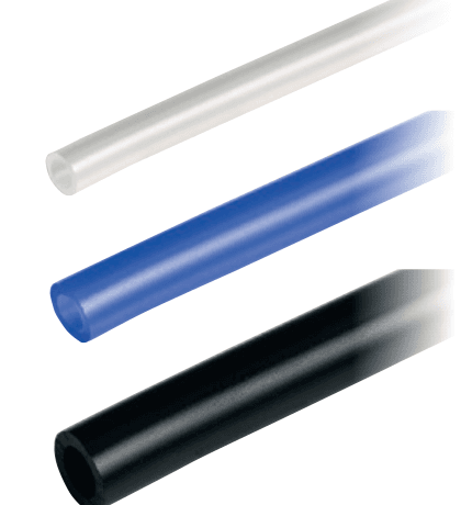 UFL low-friction polyurethane tubing in clear, blue, and black