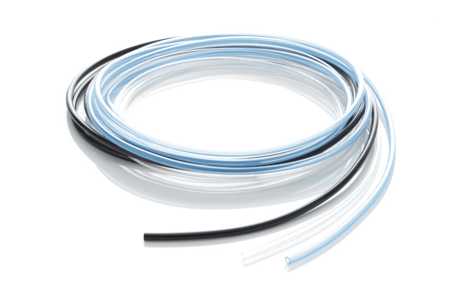 Junkosha ITF-02 Polyurethane Tubing in black, light blue, and clear