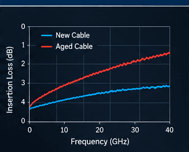 Chart comparing insertion loss of a new cable versus an aged cable across frequency