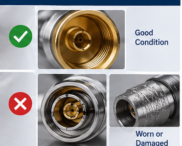 Comparison of an RF connector in good condition versus one that is worn or damaged