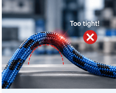 A cable bent tighter than its minimum bend radius, flagged as incorrect