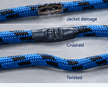 Examples of mechanical cable damage: jacket damage, crushing, and twisting