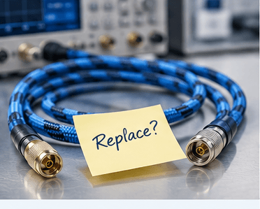 A coiled test cable with a yellow sticky note reading 'Replace?'