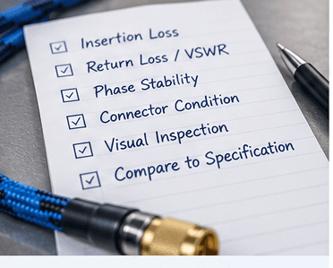 Technical verification checklist for a cable: insertion loss, return loss, phase stability, connector condition